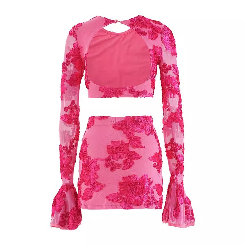 New Niche Two-Piece Small Fragrant Style Celebrity Lady Heavy Industry Embroidered Flower Backless T-Shirt Skirt Suit - Image 4